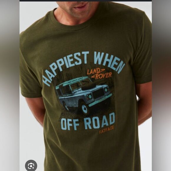 Fat Face Landrover Happiest When Off Road T Shirt Mens XL Olive Green Graphic - Picture 2 of 6